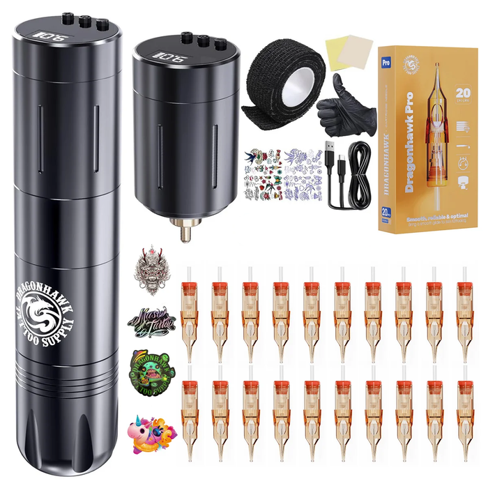 Dragonhawk Beginner Wireless Complete Tattoo Kit 2 Batteries
