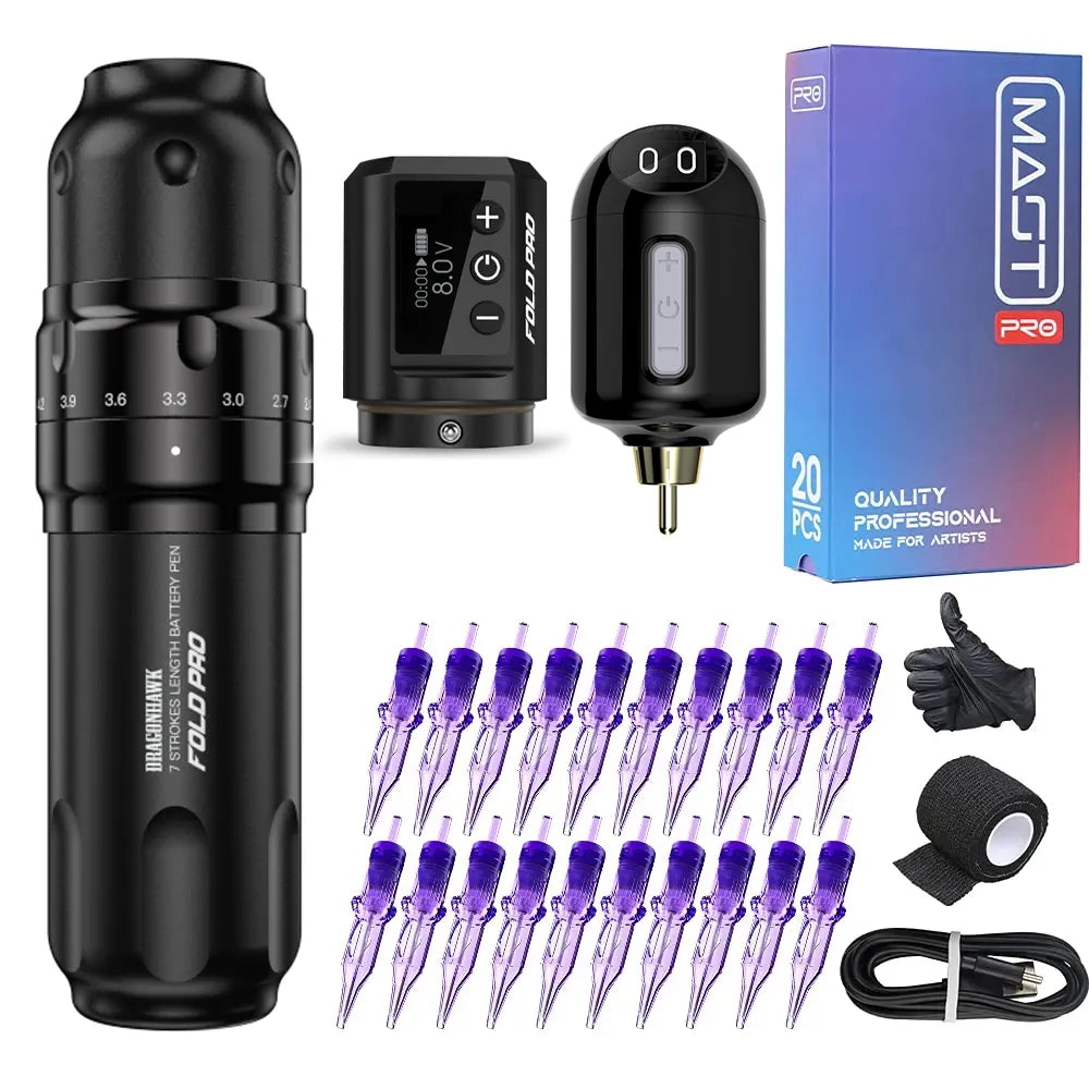 Dragonhawk Fold Pro Tattoo Pen with MastLabs Airbot Battery Mast Pro Cartridges