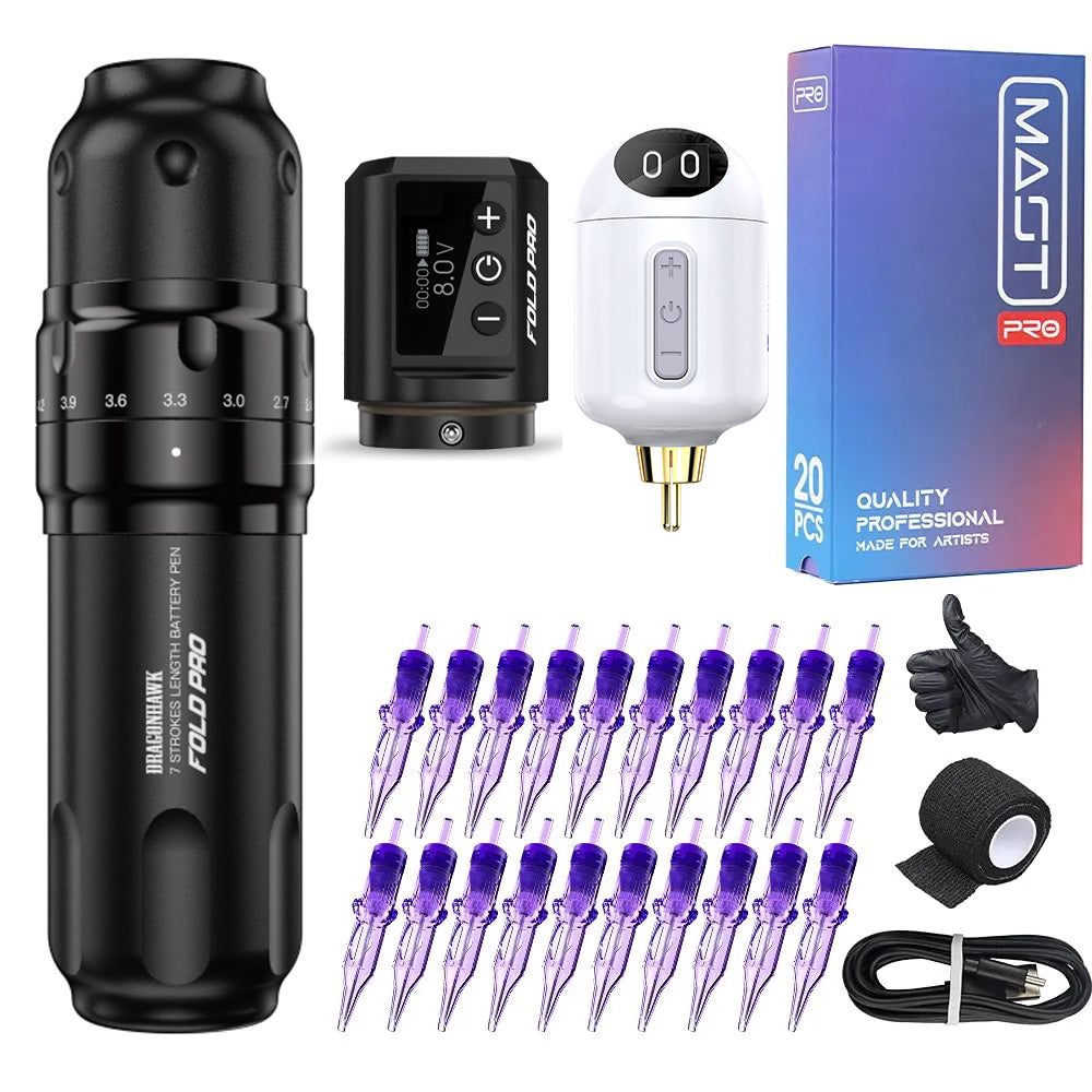 Dragonhawk Fold Pro Tattoo Pen with MastLabs Airbot Battery Mast Pro Cartridges