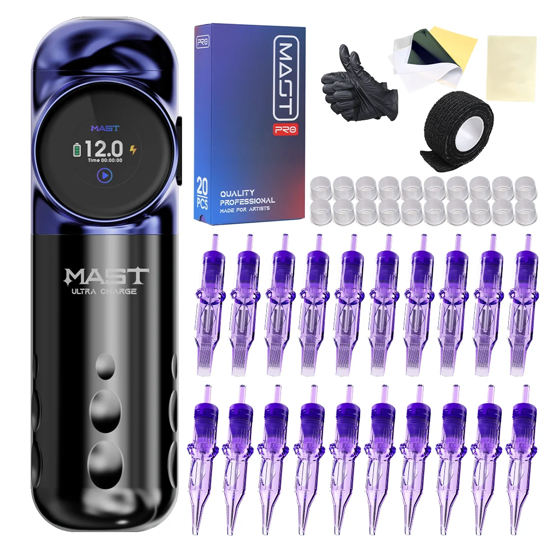 Kit de tatuaje inalámbrico de carga ultrarrápida Mast Archer S con 20 cartuchos y agujas