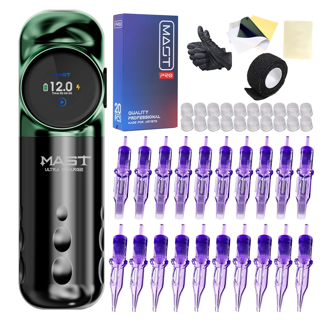 Kit de tatuaje inalámbrico de carga ultrarrápida Mast Archer S con 20 cartuchos y agujas