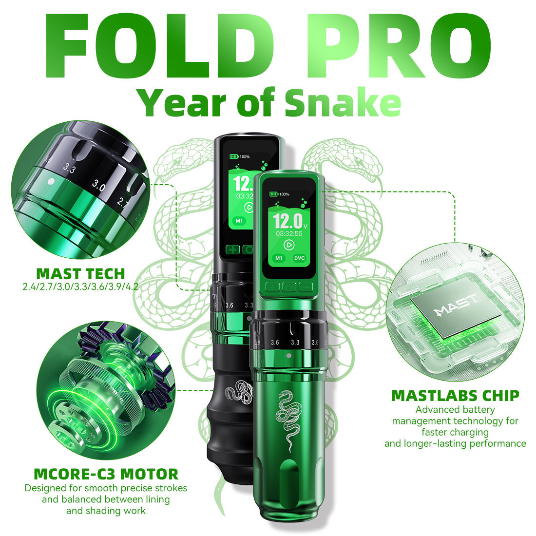 Dragonhawk Fold Pro Year of Snake Edition Wireless Tattoo Machine Pen 3000mAh Battery