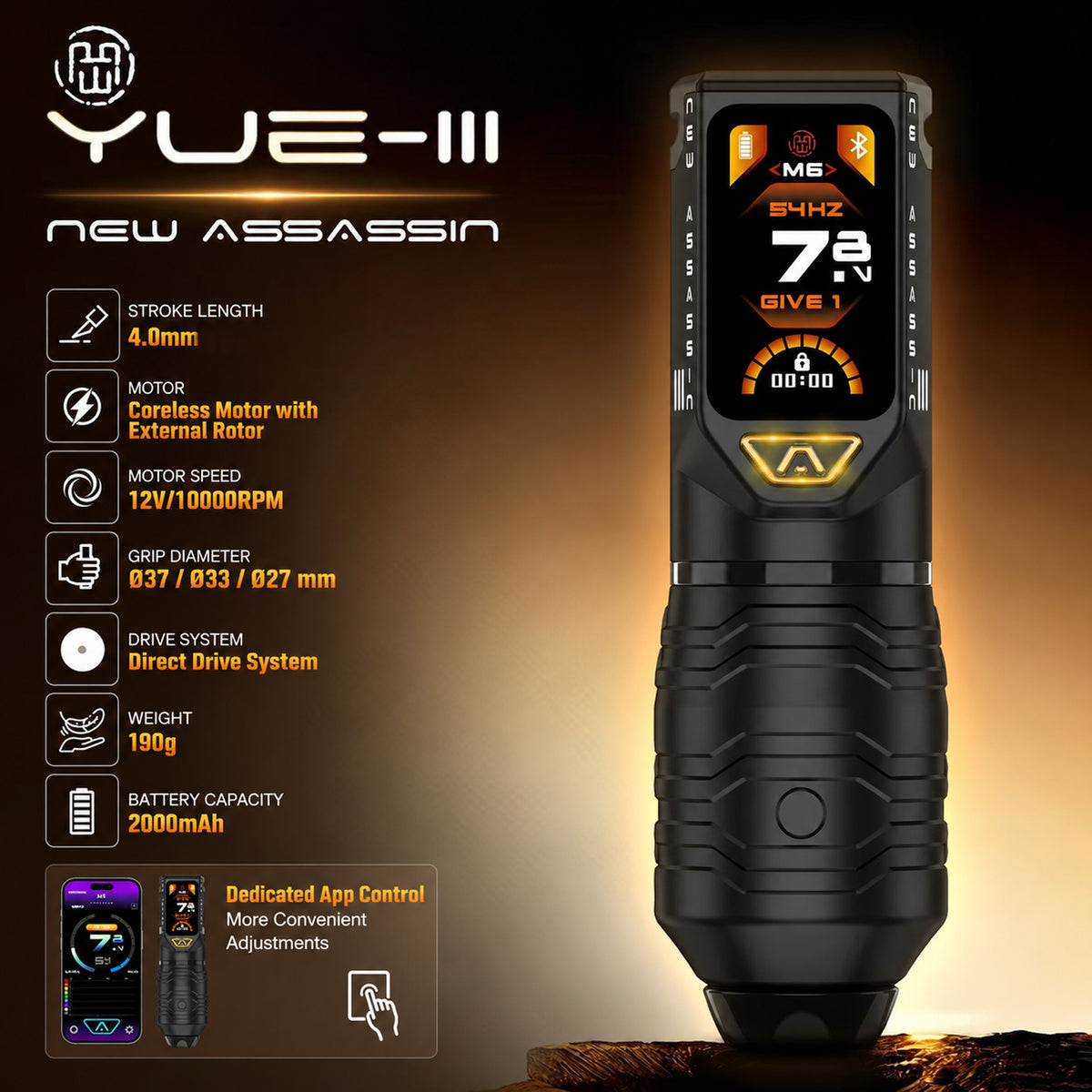 YUE‑III New Assassin  Wireless Tattoo Pen Machine with 4.0mm Stroke