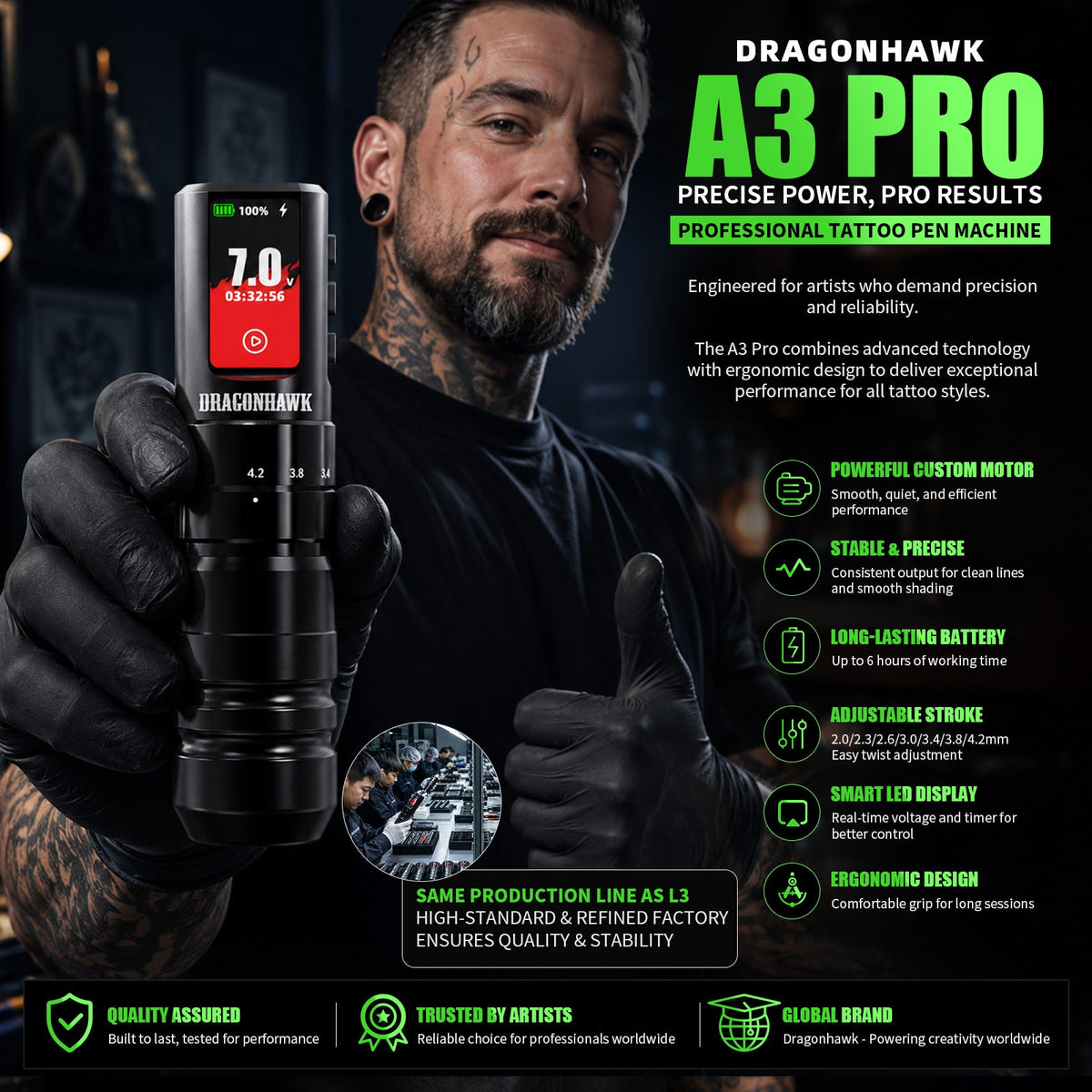 Dragonhawk A3 Pro Wireless Tattoo Pen Machine Kit