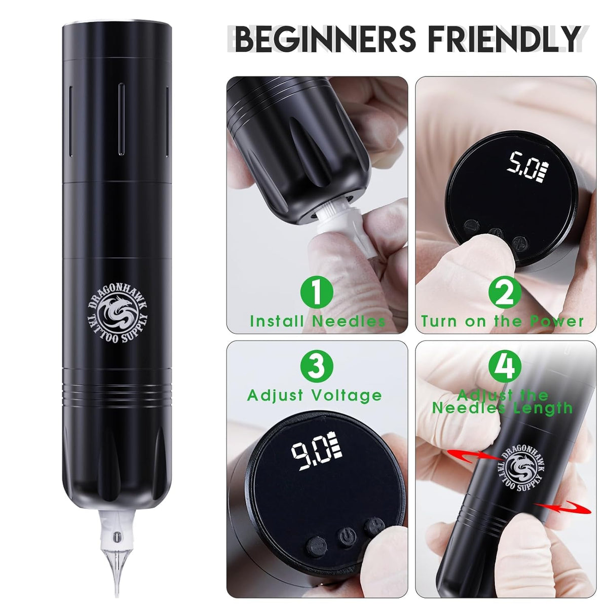 Dragonhawk Beginner Wireless Complete Tattoo Kit 2 Batteries