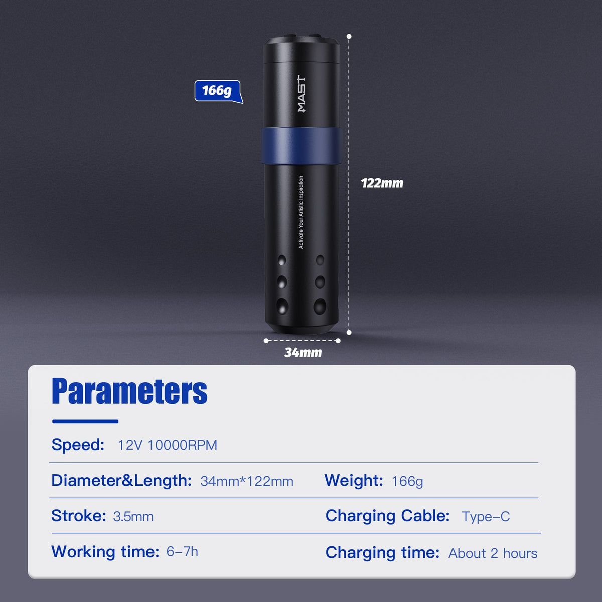 Mast A3 Wireless Tattoo Pen 1500mAh Battery 3.5mm Stroke Length