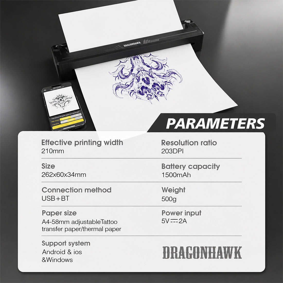 Dragonhawk A4 Wireless Thermal Tattoo Stencil Printer Machine Portable Tattoo Printer
