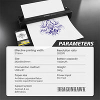 Dragonhawk A4 Wireless Thermal Tattoo Stencil Printer Machine Portable Tattoo Printer