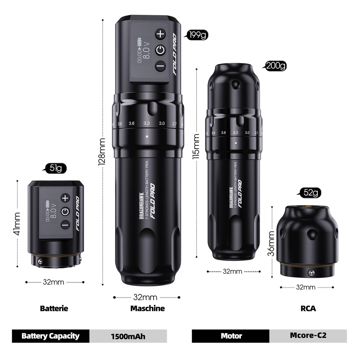 Dragonhawk Fold Pro Rotary Tattoo Machine With Dual Battery Kit