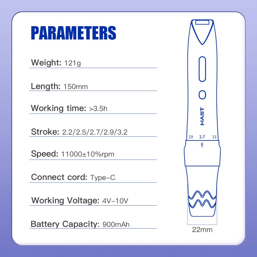 Mast P60 Wireless Tattoo Pen Machine With 2.2mm-3.2mm Adjustable Stroke Length